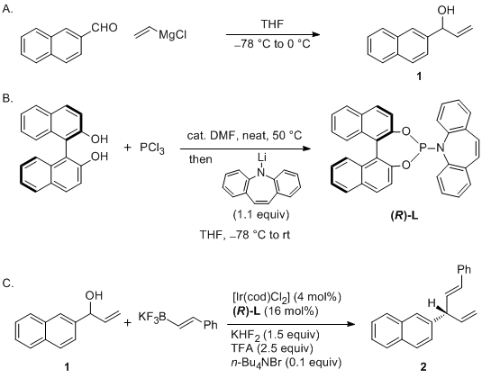 Iridium-Catalyzed Enantioselective Allylic Vinylation with Potassium Alkenyltrifluoroborates. J. Y. Hamilton, D. Sarlah, E. M. Carreira, Org. Synth. 2015, 92, 1