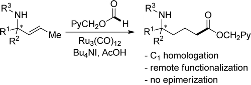 Autotandem Catalysis with Ruthenium: Remote Hydroesterification of Allylic Amides. N. Armanino, M. Lafrance, E.M. Carreira, Org. Lett. 2014, 16, 572