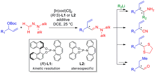 Enlarged view: Formaldehyde N,N-Dialkylhydrazones as Neutral Formyl Anion Equivalents in Iridium-Catalyzed Asymmetric Allylic Substitution.  S. Breitler, E.M. Carreira, J. Am. Chem. Soc. 2015, 137, 5296
